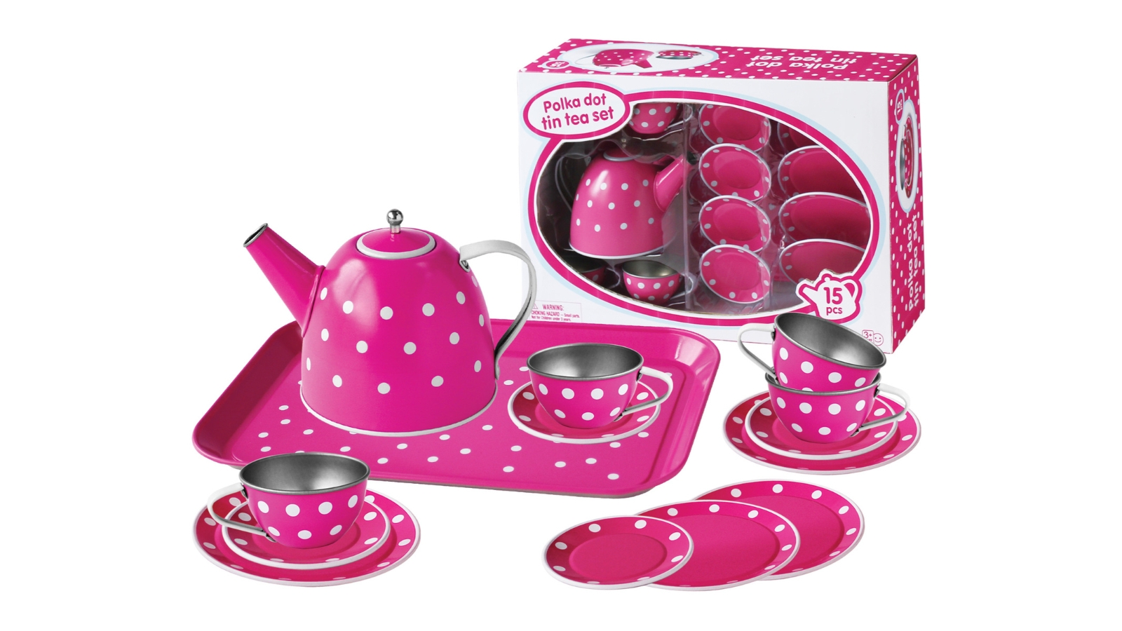 White Polka Dot on Pink Tin Tea Set - 15pcs