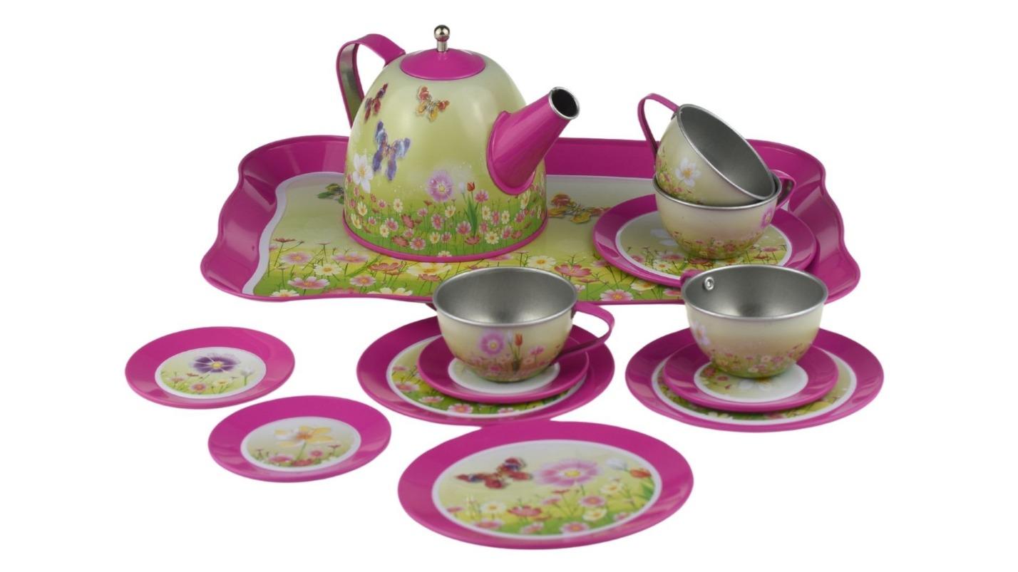 Kaper Kidz 15 Piece Pink Butterfly Tin Tea Set