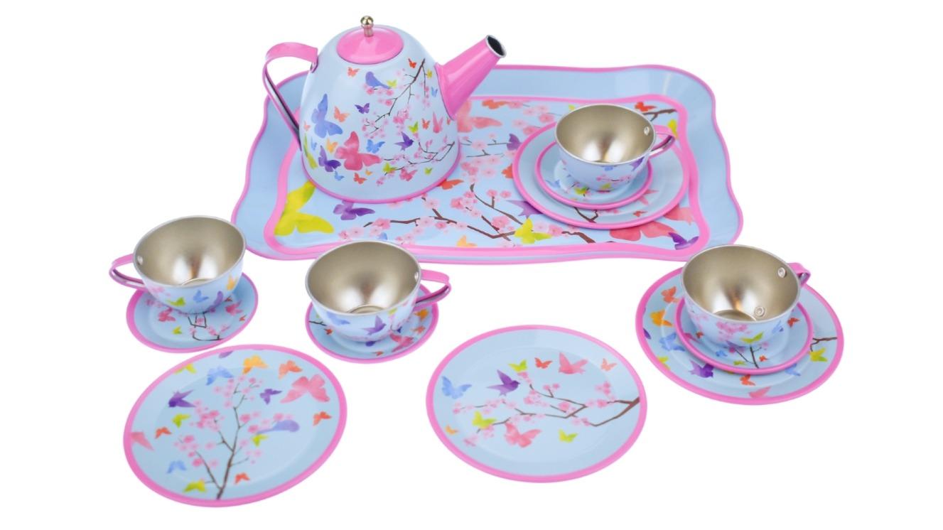 Kaper Kidz 15 Piece Pink Blossom Butterfly Tin Tea Set