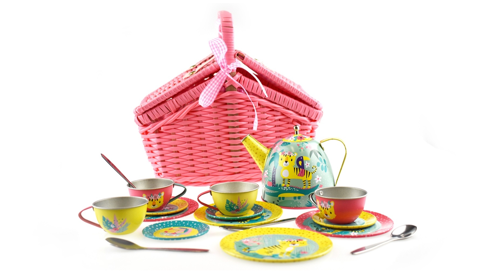 Kaper Kidz 18 Piece Tiger Tin Tea Set In Picnic Basket