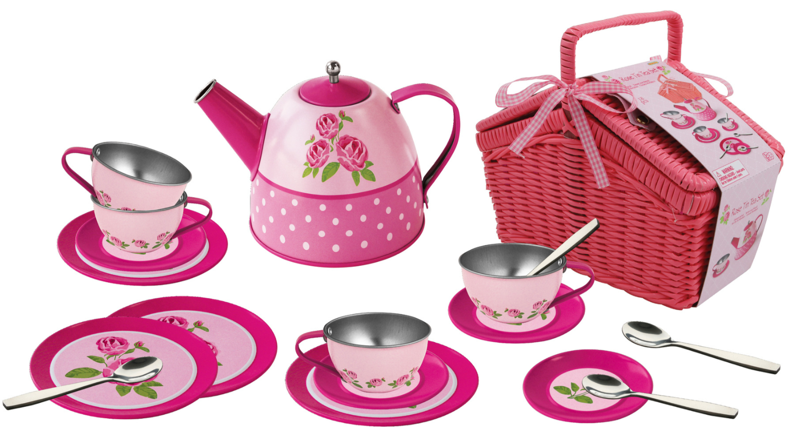 Kaper Kidz 18 Piece Rose Tin Tea Set in Picnic Basket