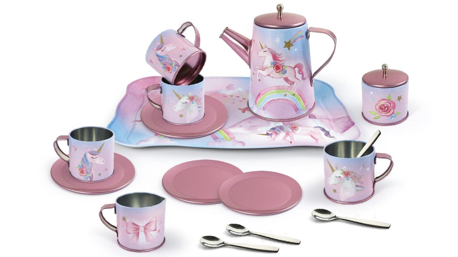Kaper Kidz 18 Piece Rainbow Unicorn Tin Tea Mug Set in Suitcase