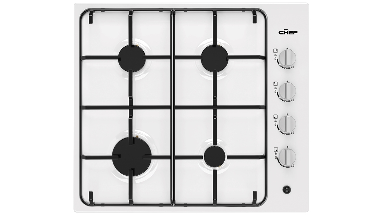 Chef 600mm 4 Burner Gas Cooktop with Battery Ignition White Harvey