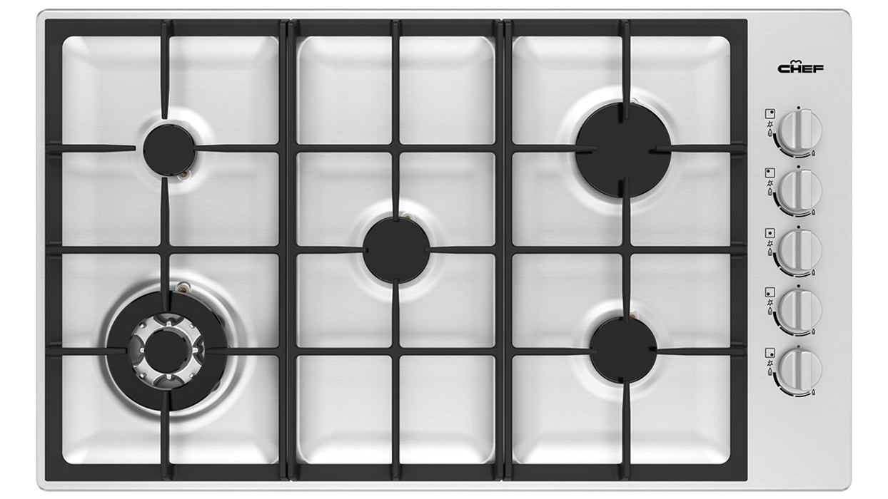 Chef 900mm 5 Burner Gas Cooktop with 14.4MJ/h Wok Burner Stainless