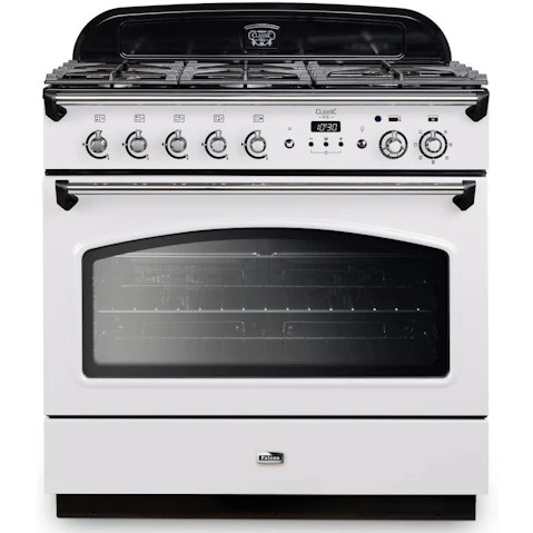 Falcon Classic FX 900mm Chrome Fitting Dual Fuel Freestanding Cooker - White