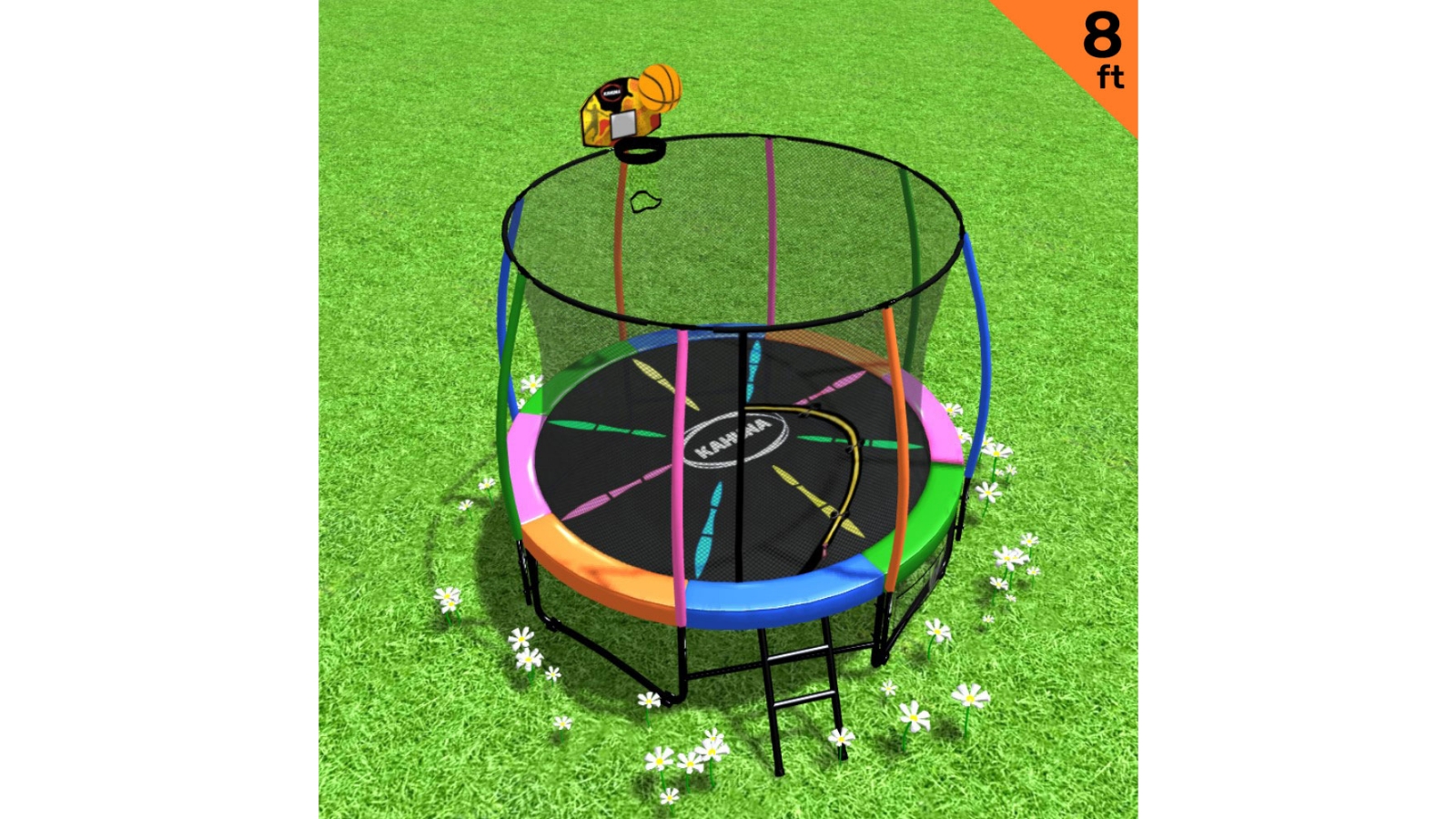 Kahuna 8ft Trampoline with Basketball Set - Rainbow