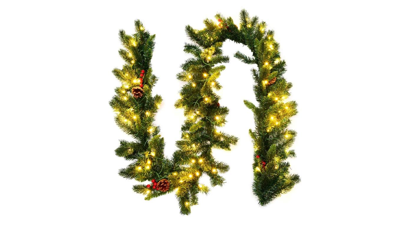Costway Rattan Christmas Wreath Pine Red Berries Decoration with 100 LED Light - 270cm