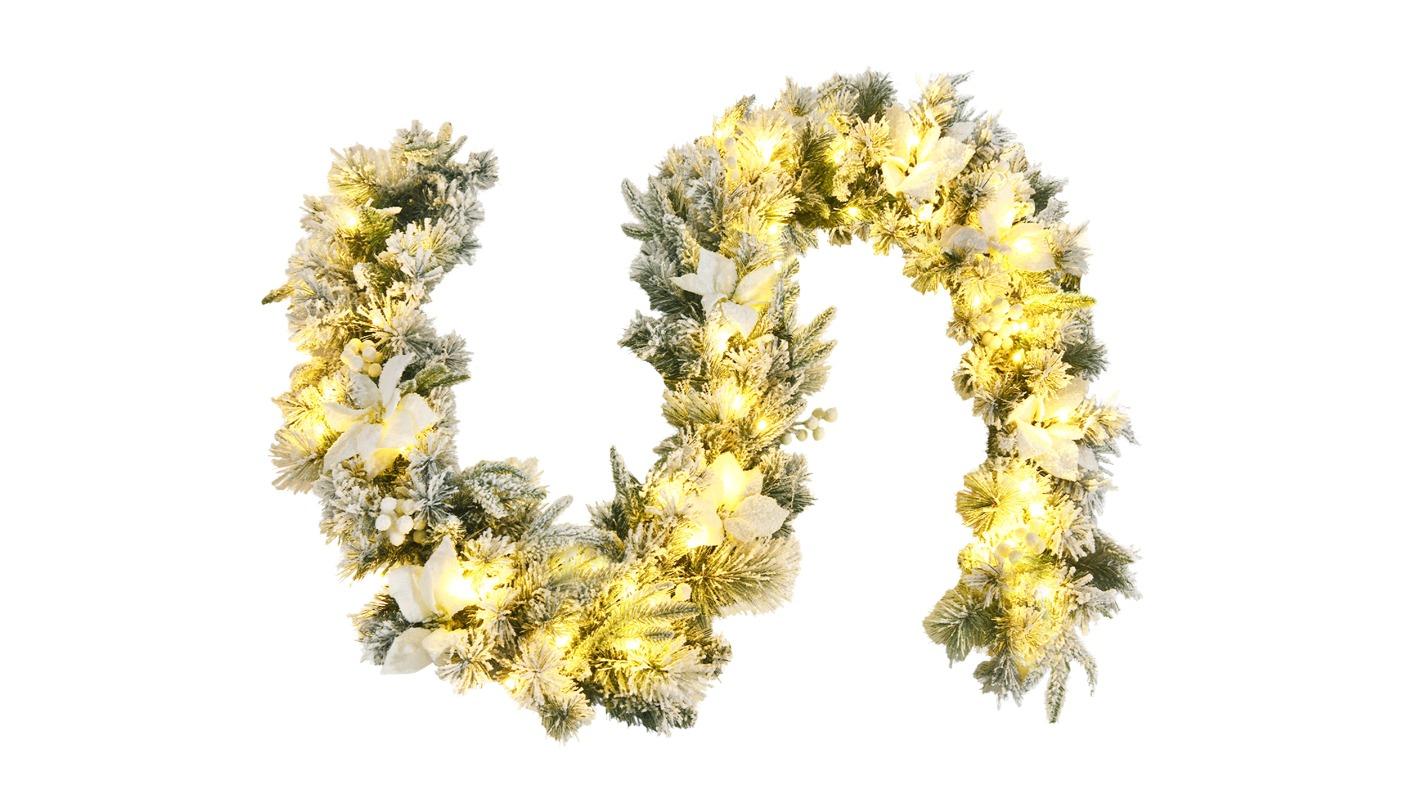 Costway Rattan Battery Operated Xmas Decor Snow Flocked Christmas Garland- 280cm