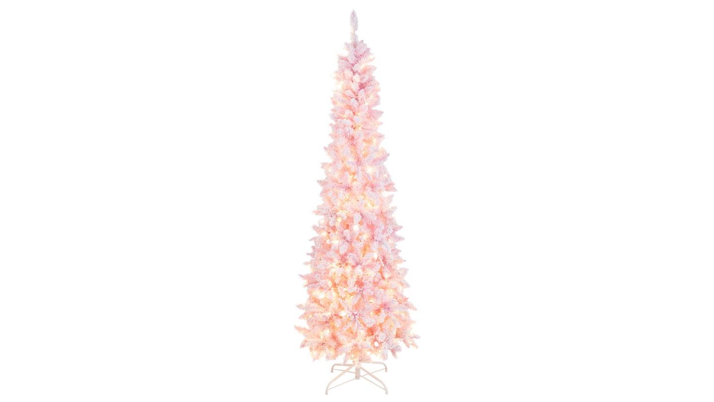 Costway 210cm Holiday Decor 300 LED Slim Pre-Lit Christmas Tree - Pink