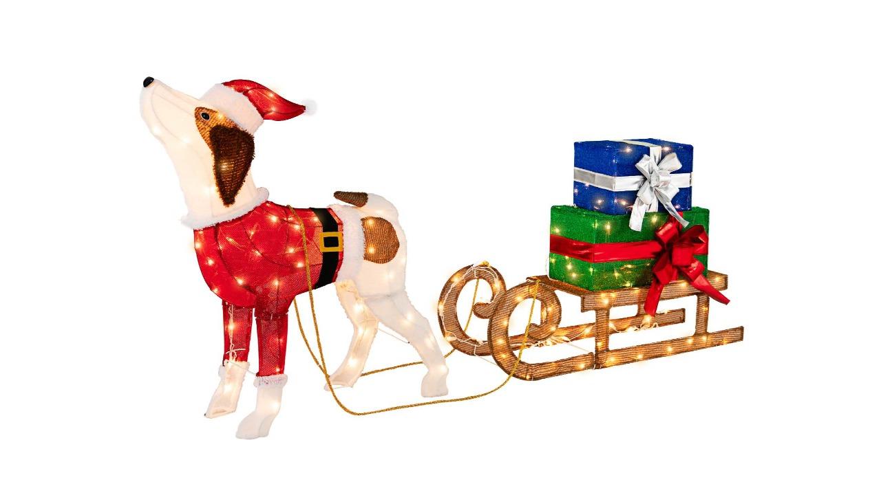 Costway Pre-lit Lighted Christmas Decorations Dog and Sleigh and Gift Box