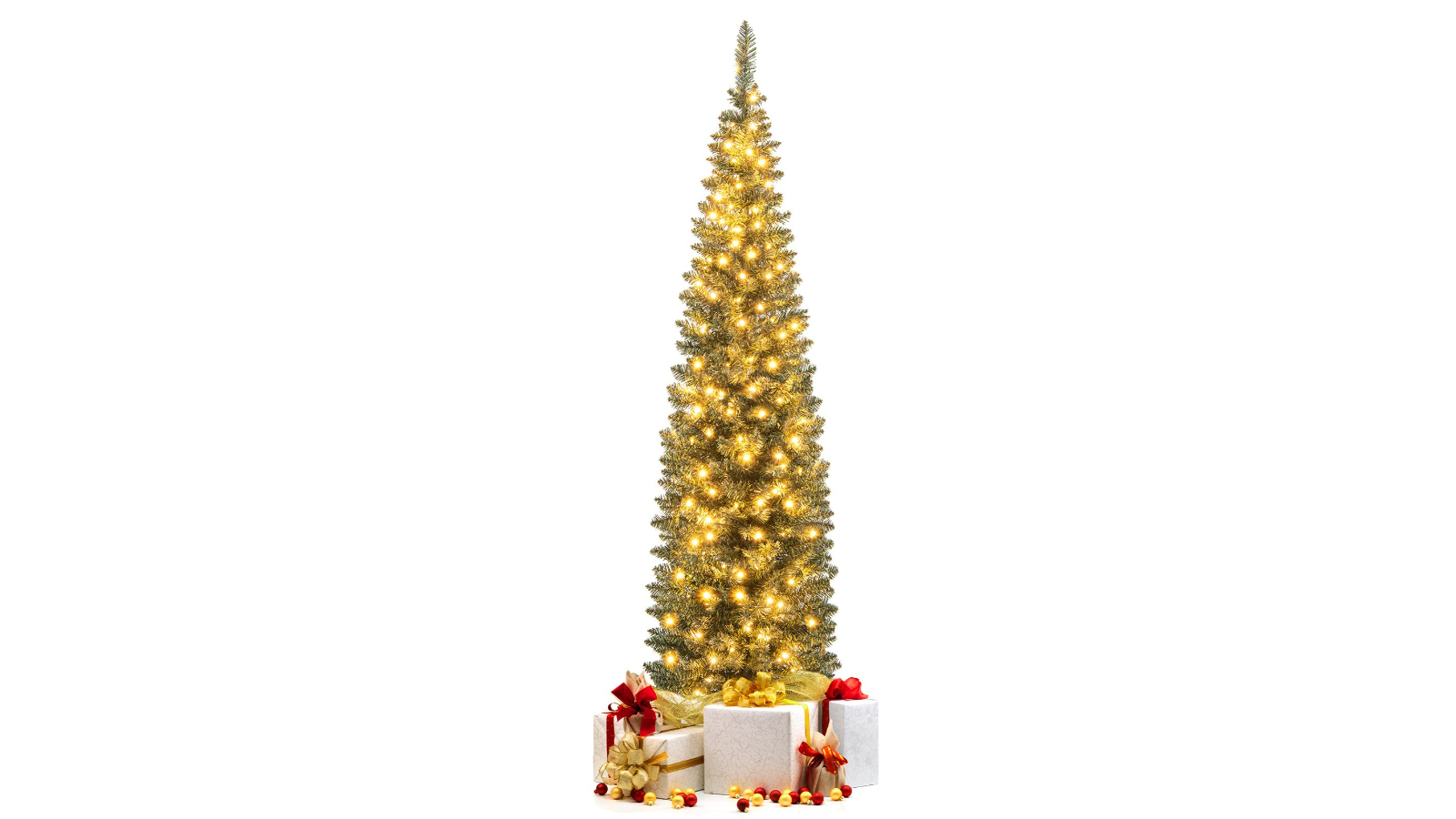 Costway 296 Branch Tips 150 Warm White LED Artificial Pencil Christmas Tree - 150cm