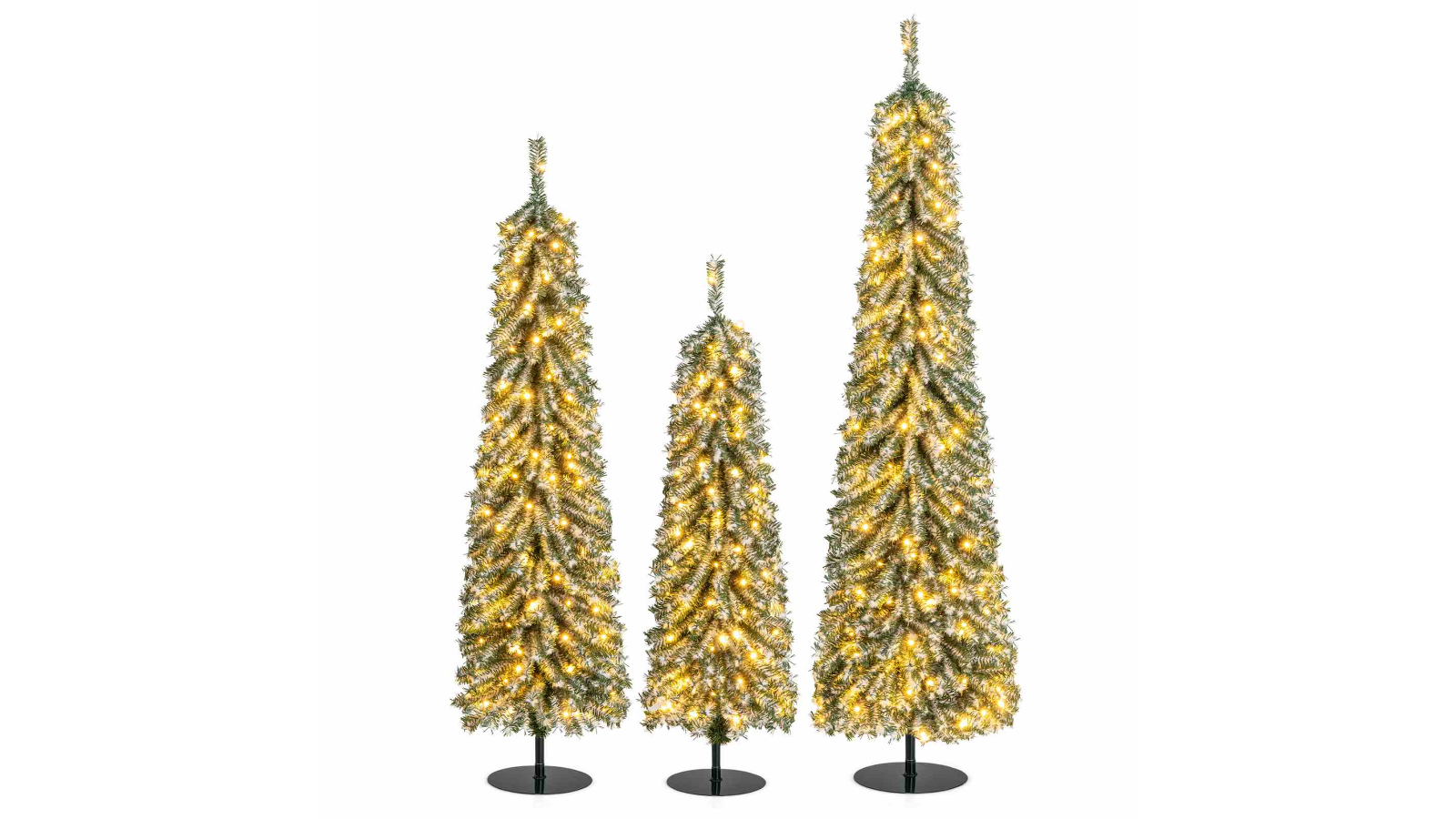 Costway Set of 3 Realistic Accumulated Snow Pencil Christmas Tree with LED