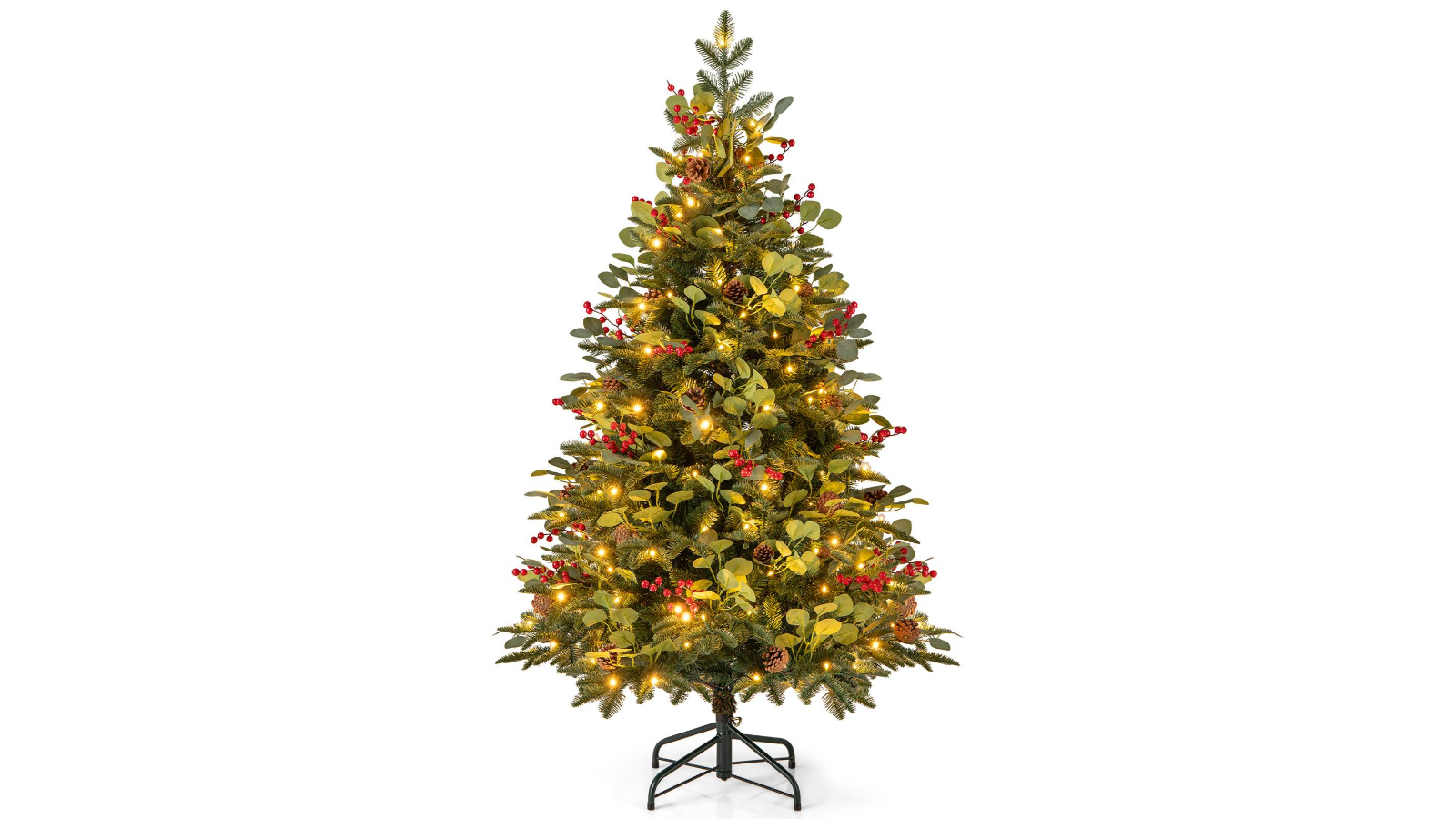 Costway Red Berries Fir Christmas Tree with 160 White LED Light - 150cm