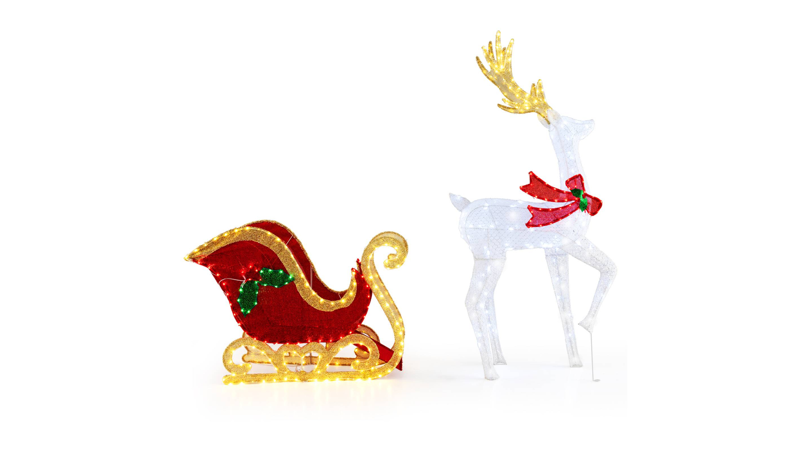 Costway Pre-Lit Christmas Reindeer and Santa's Sleigh with 462 LED Light - Red