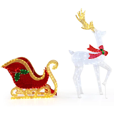Costway Pre-Lit Christmas Reindeer and Santa's Sleigh with 462 LED Light - Red