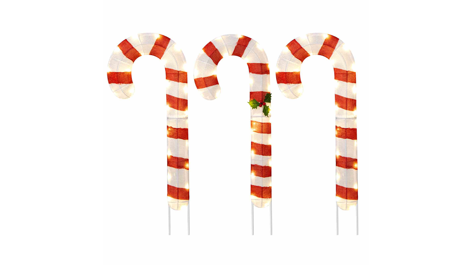 Costway Pack of 3 80cm Pre-Lit Candy Cane Christmas Yard Signs - Red