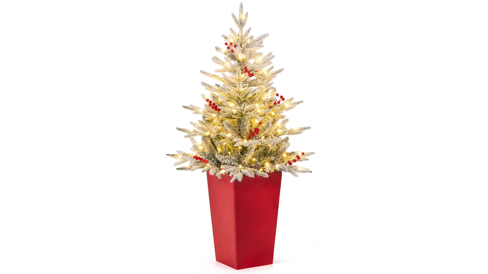 Costway Snow Flocked Entrance Red Berries Pre-Lit Christmas Tree
