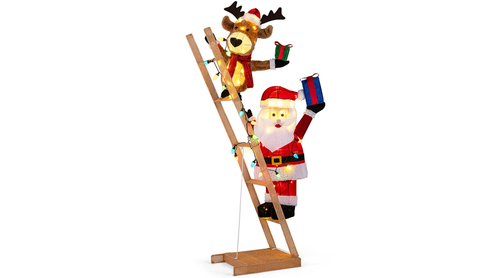 Costway 166cm 3D LED Lighted Reindeer and Santa on Ladder
