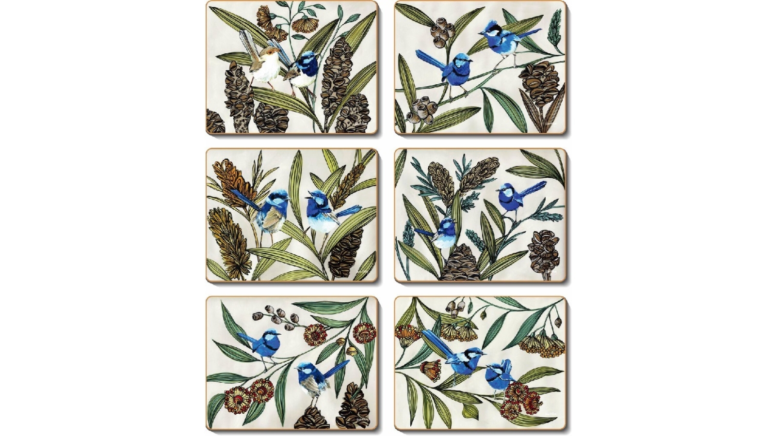 Cinnamon Cork Backed Coasters Set of 6 - Blue Wren