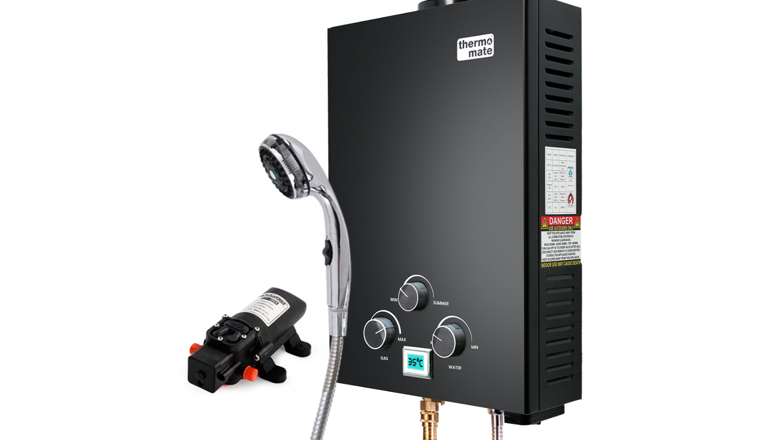 Thermomate Hot Water Heater System with 12V Pump Shower Head - Black