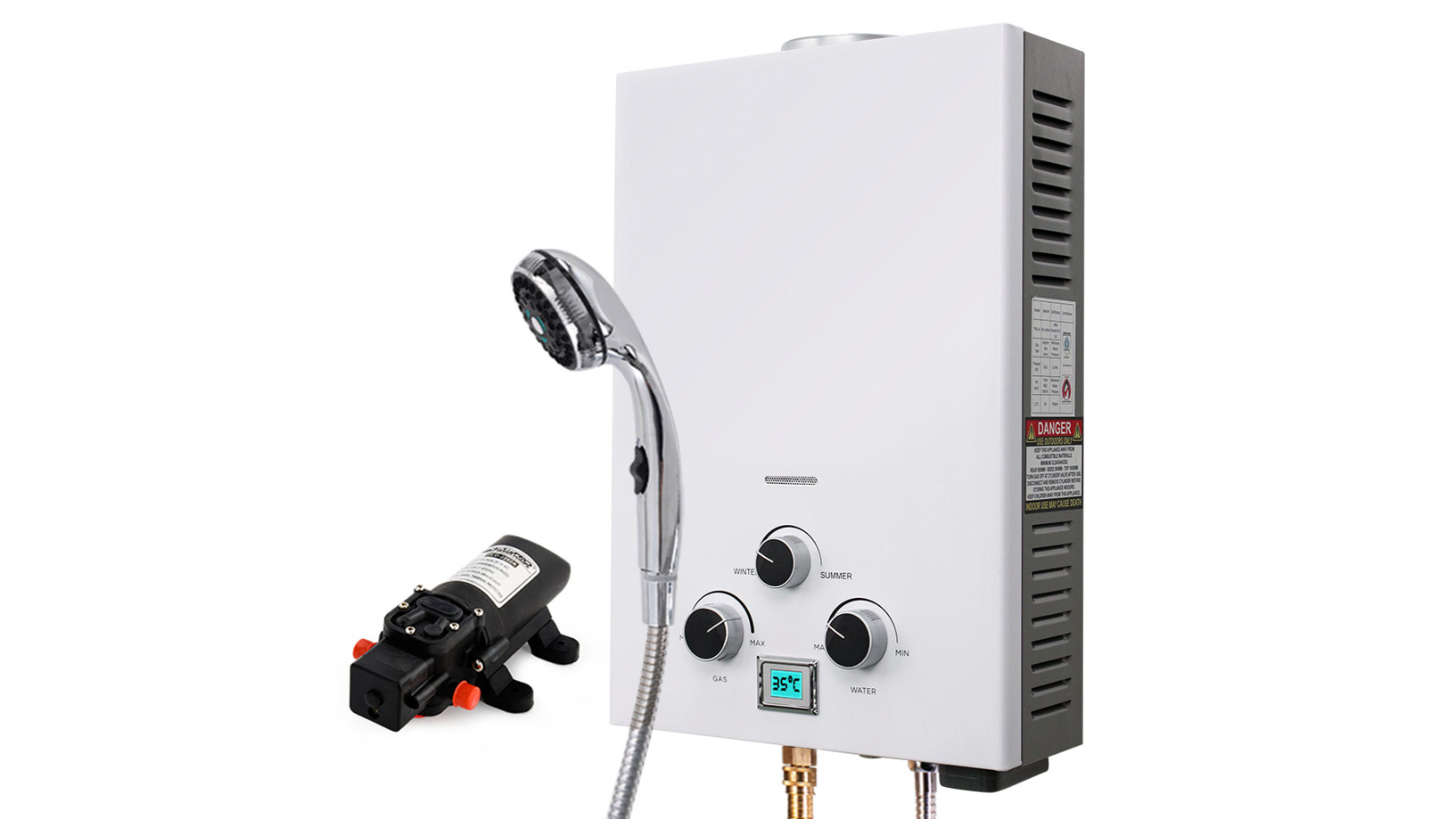 Thermomate Hot Water Heater System with 12V Pump Shower Head - White