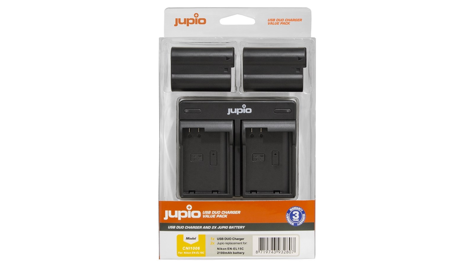Jupio USB Dual Charger with 2x Jupio Nikon EN-EL15C Batteries