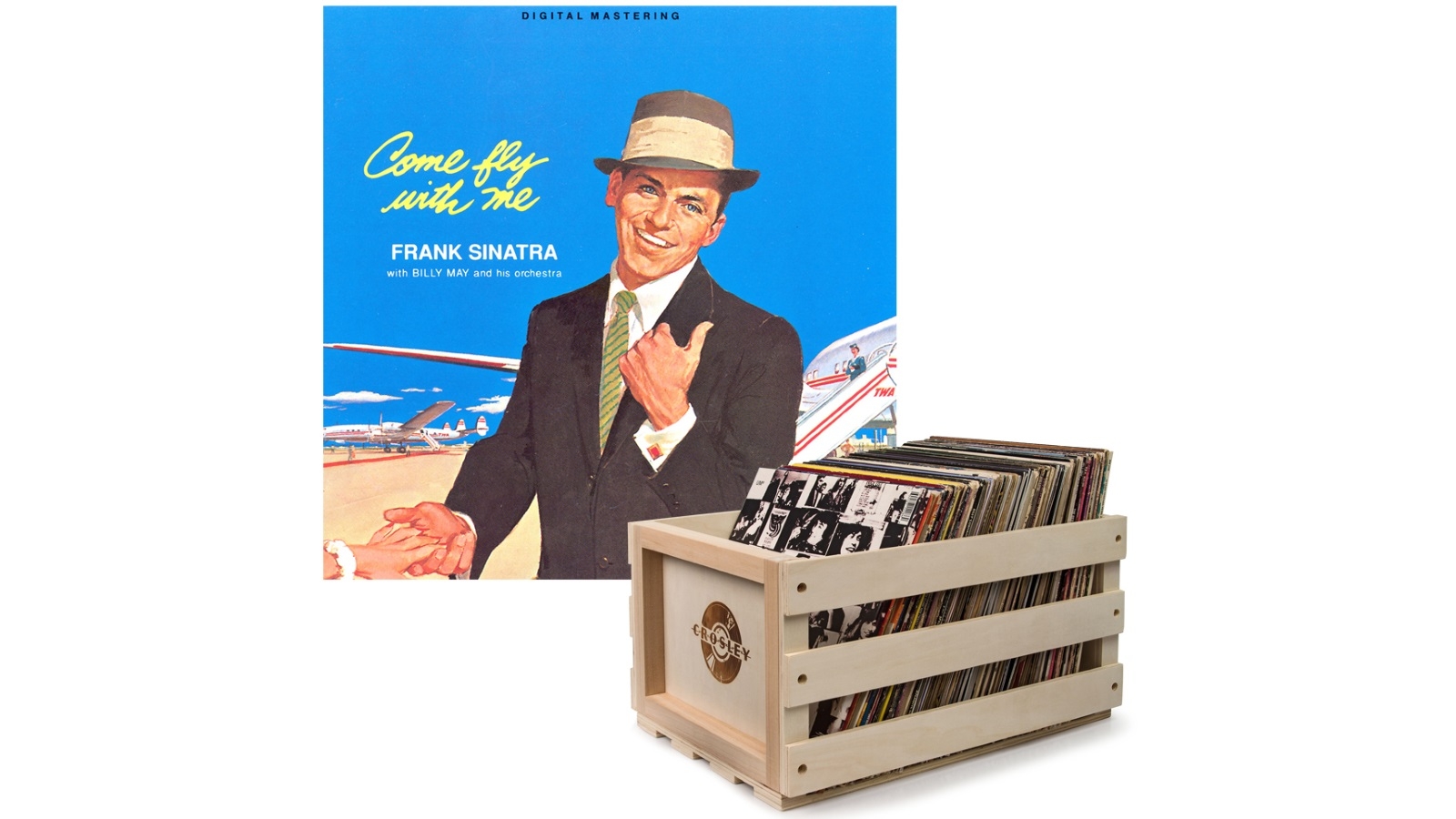 Crosley Record Storage Crate & Frank Sinatra Come Fly with Me - Vinyl Album Bundle