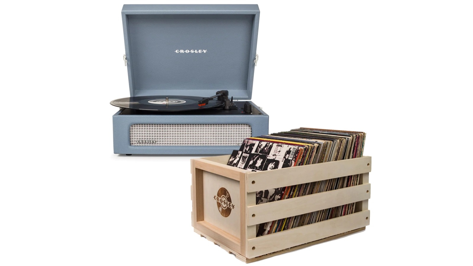Crosley Voyager Bluetooth Portable Turntable - Washed Blue + Bundled Record Storage Crate