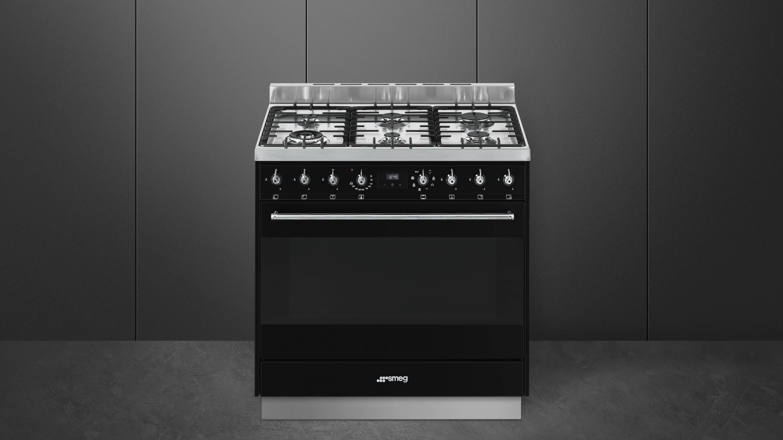 Smeg 900mm Dual Fuel Freestanding Cooker Gloss Black Harvey Norman