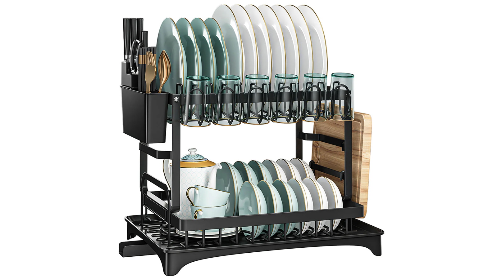 Multi-Function 2-Tier Dish Drying Rack with Automatic Drainage
