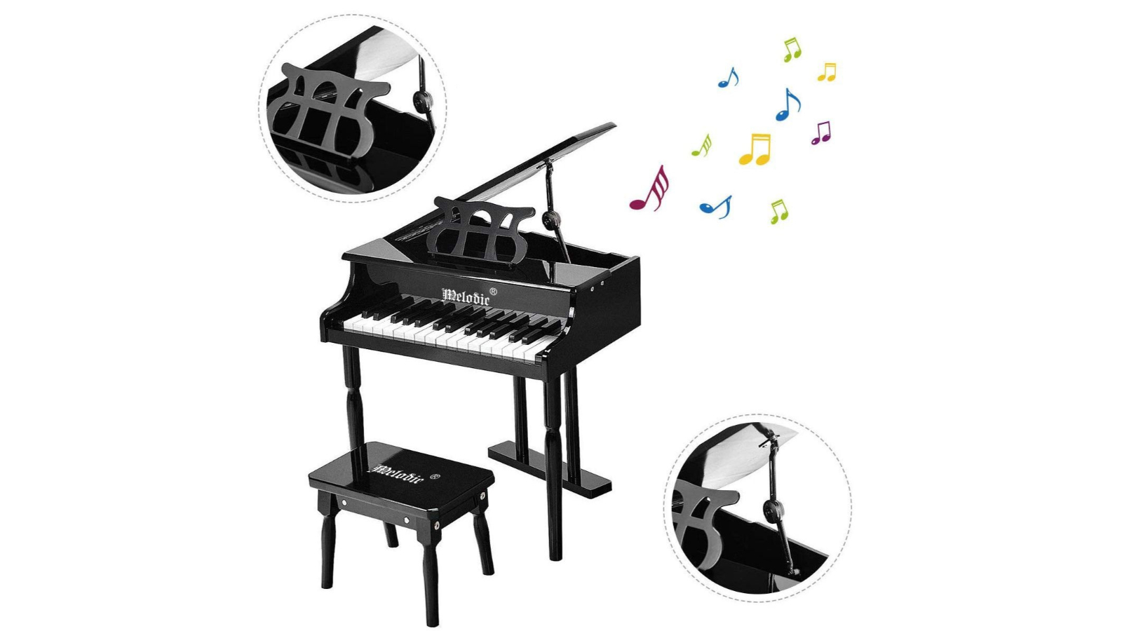 Melodic 30-Key Kids Wood Grand Piano Toy with Bench Music Stand