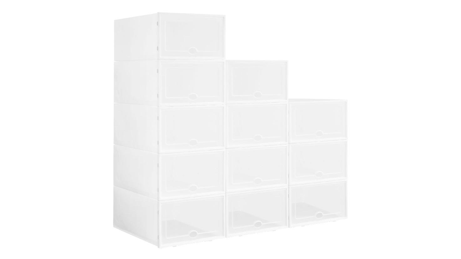 LUXSUITE 12 Piece Plastic Stackable Organiser Large Shoe Boxes Storage Containers Drawers with Clear Door