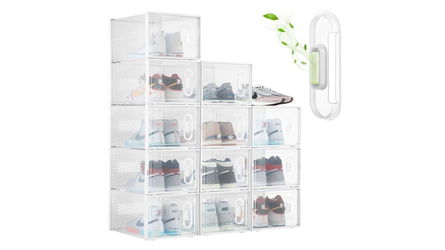 LUXSUITE 12 Piece Plastic Transaparent Stackable Storage Organiser Shoe Boxes