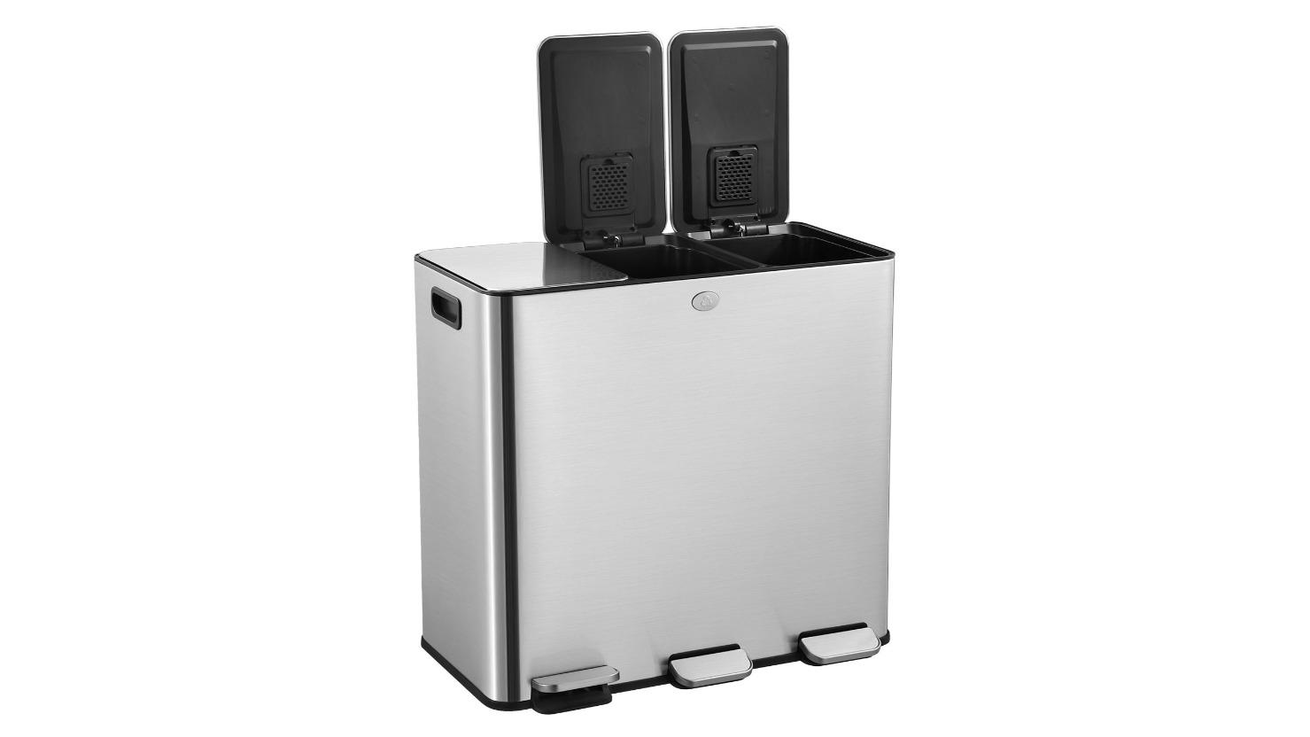 60 Litre Stainless Steel 3 Compartment Kitchen Pedal Recycling Waste Dustbin - Silver