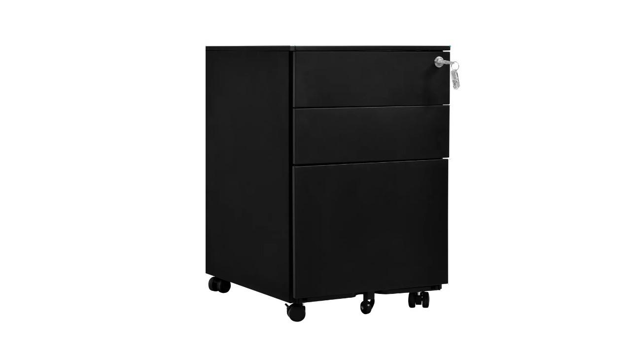 3-Drawer Metal Vertical Locking with 5 Wheel Office Steel File Cabinet - Black