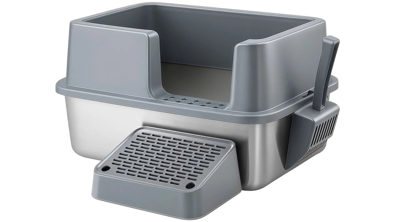 Pet Scene Semi-Enclosed High-Sided Stainless Steel Cat Litter Box with Pedal Ramp and Scoop