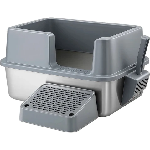 Pet Scene Semi-Enclosed High-Sided Stainless Steel Cat Litter Box with Pedal Ramp and Scoop