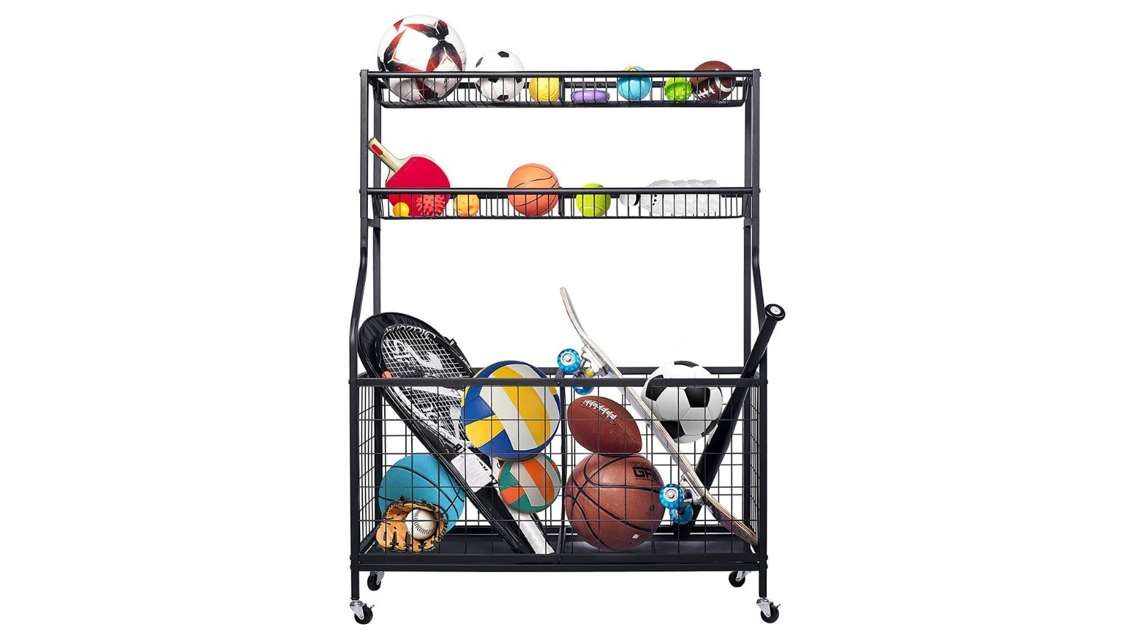Crazy Sales All-in-One Ball Rack Toy Cart with Hooks Wheel