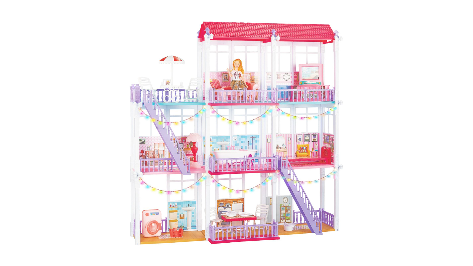 Kids Dream 3-Levels 8 Rooms Princess Castle String Lights Barbie Doll House Playset