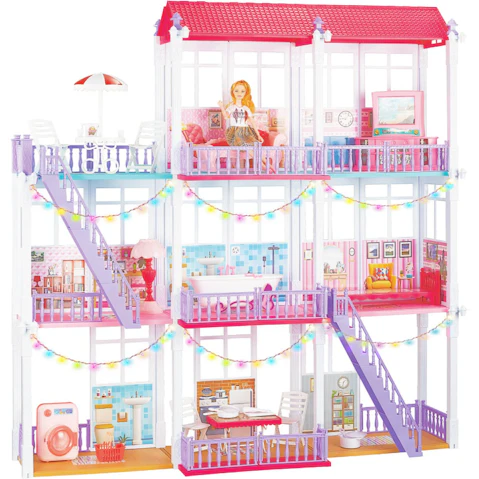 Kids Dream 3-Levels 8 Rooms Princess Castle String Lights Barbie Doll House Playset
