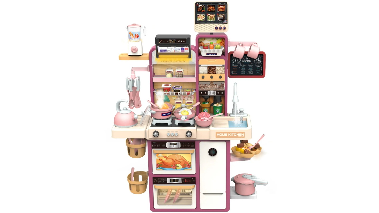 Educational Kids Play Kitchen Learning Toys Set with Steam Stove, Water Sink and Realistic Appliance