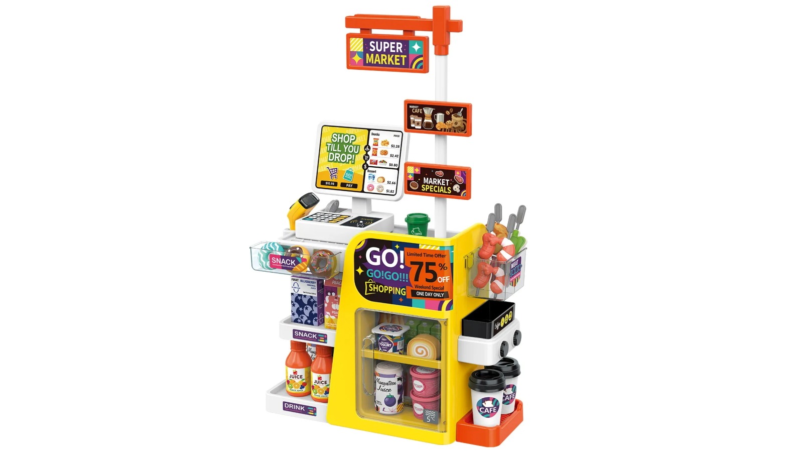 Kids Supermarket Role Playset with Scanner, Cash Register, Water Dispenser and Play Food Accessories