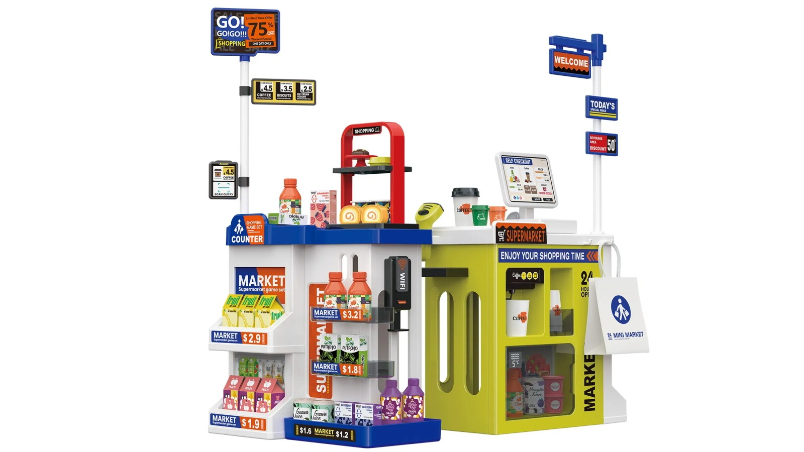 67-Piece Kids Supermarket Education Pretend Play Set with Scanner, Checkout Counter and Accessories
