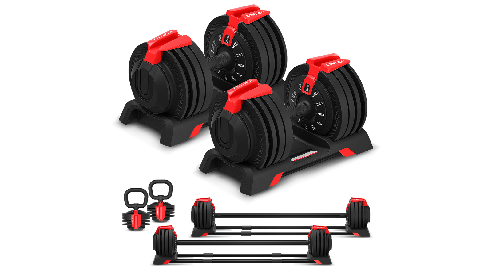 Cortex Revolock V2 48kg Adjustable Dumbbell + Barbell + Kettlebell All-in-One Set with Stand