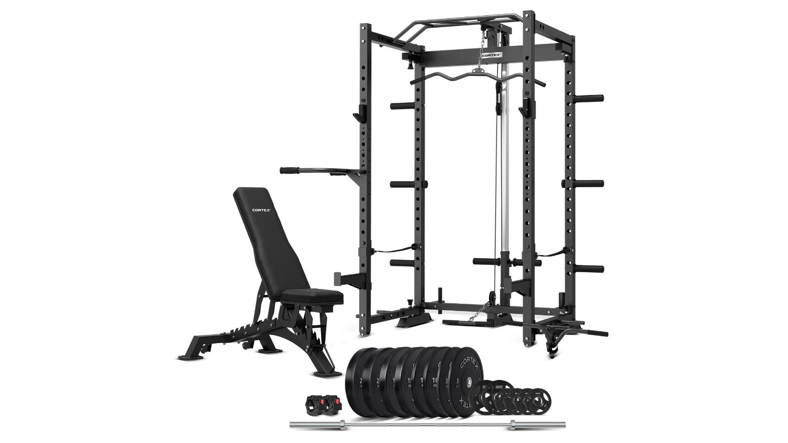 Cortex Pr-4 Foldable Squat & Power Rack + Bn-9 Bench + 130Kg Olympic Bumper Weight And Barbell Package