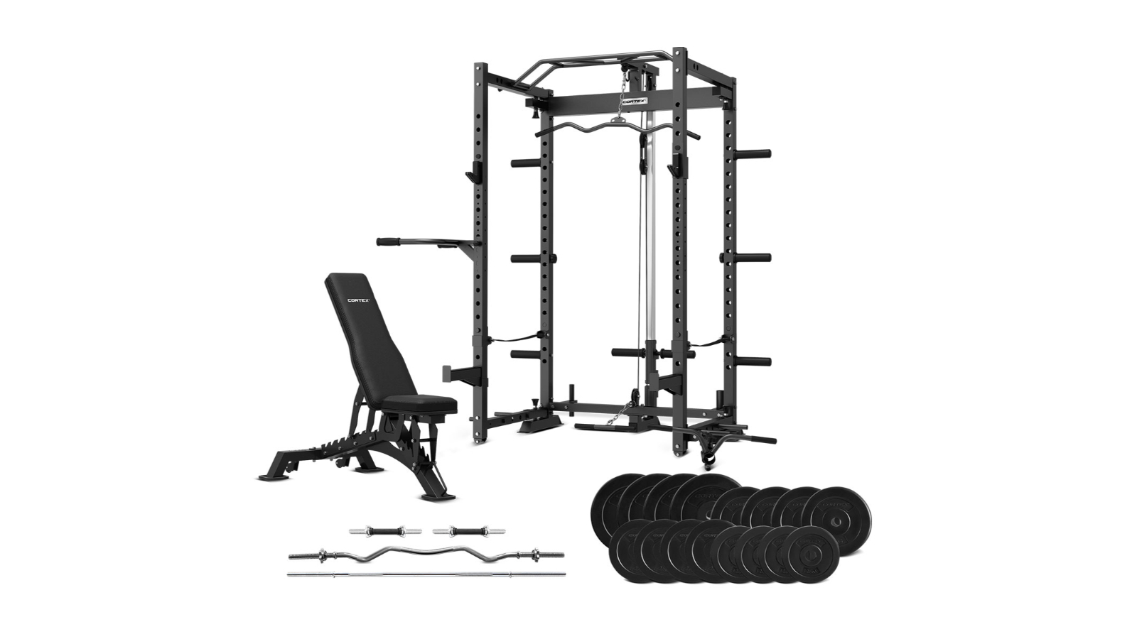 Cortex PR4 Folding Power Rack with Endurashell Weight Bar and Bench Set - 90kg