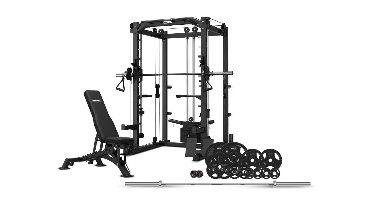 Cortex SM-20 6-in-1 Power Rack With Smith & Cable Machine + Leg Press Attachment + BN-9 Bench + 130kg Olympic Bumper Weight Plate & Barbell Package