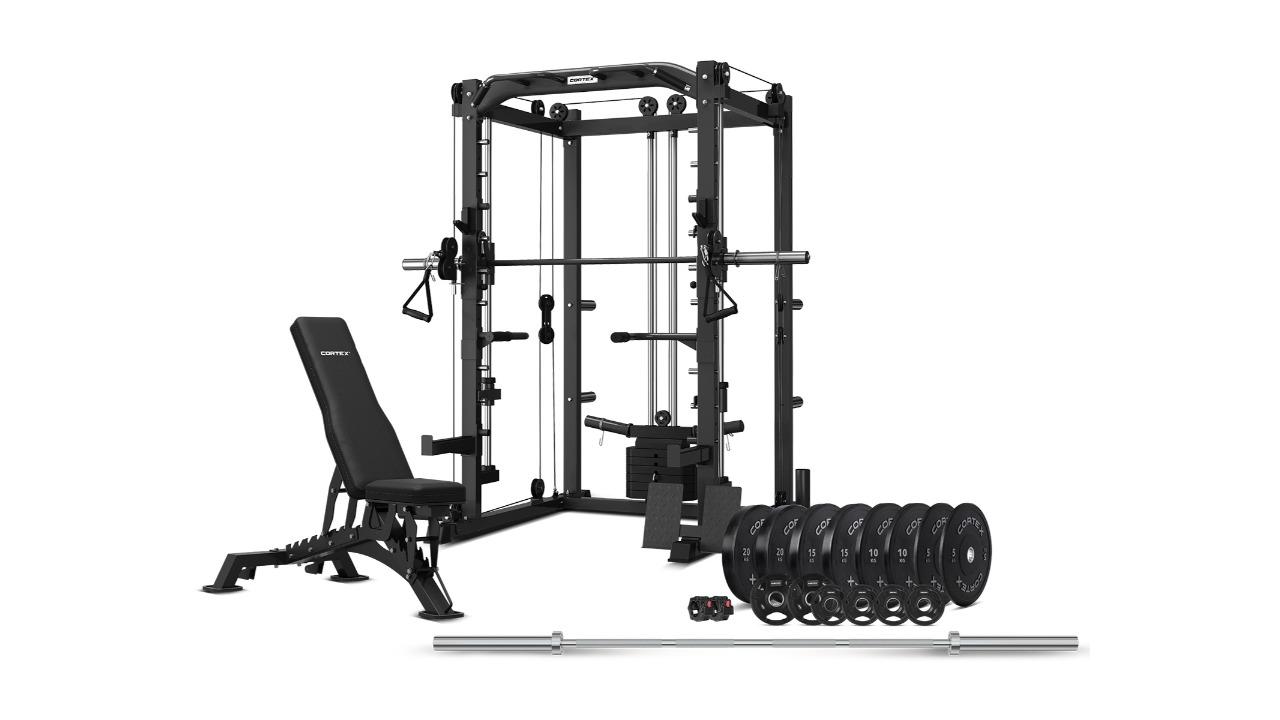 Cortex Sm-20 6-In-1 Power Rack With Smith & Cable Machine + Bn-9 Bench + 130Kg Olympic Bumper Weight Plate and Barbell Package