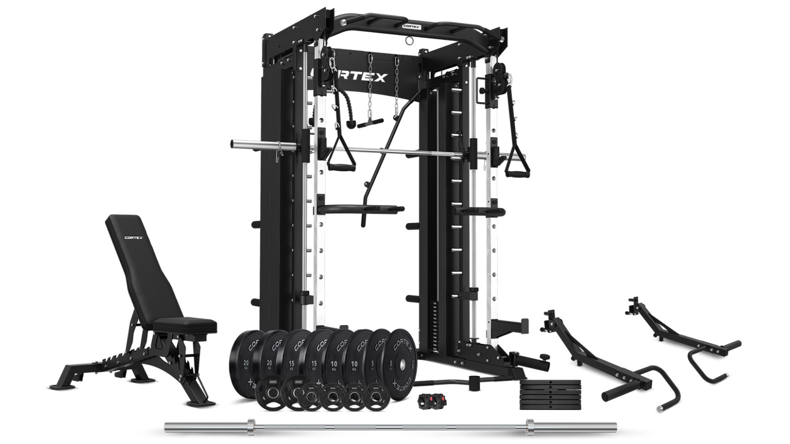 CORTEX SM-26 6-in-1 Power Rack with Dual Stack Smith and Cable Machine + Jammer Arms + Chest Fly Attachment + 30kg Weights Add On + BN-9 Bench + Ultimate Olympic Bumper Weight Plate & Barbell Package