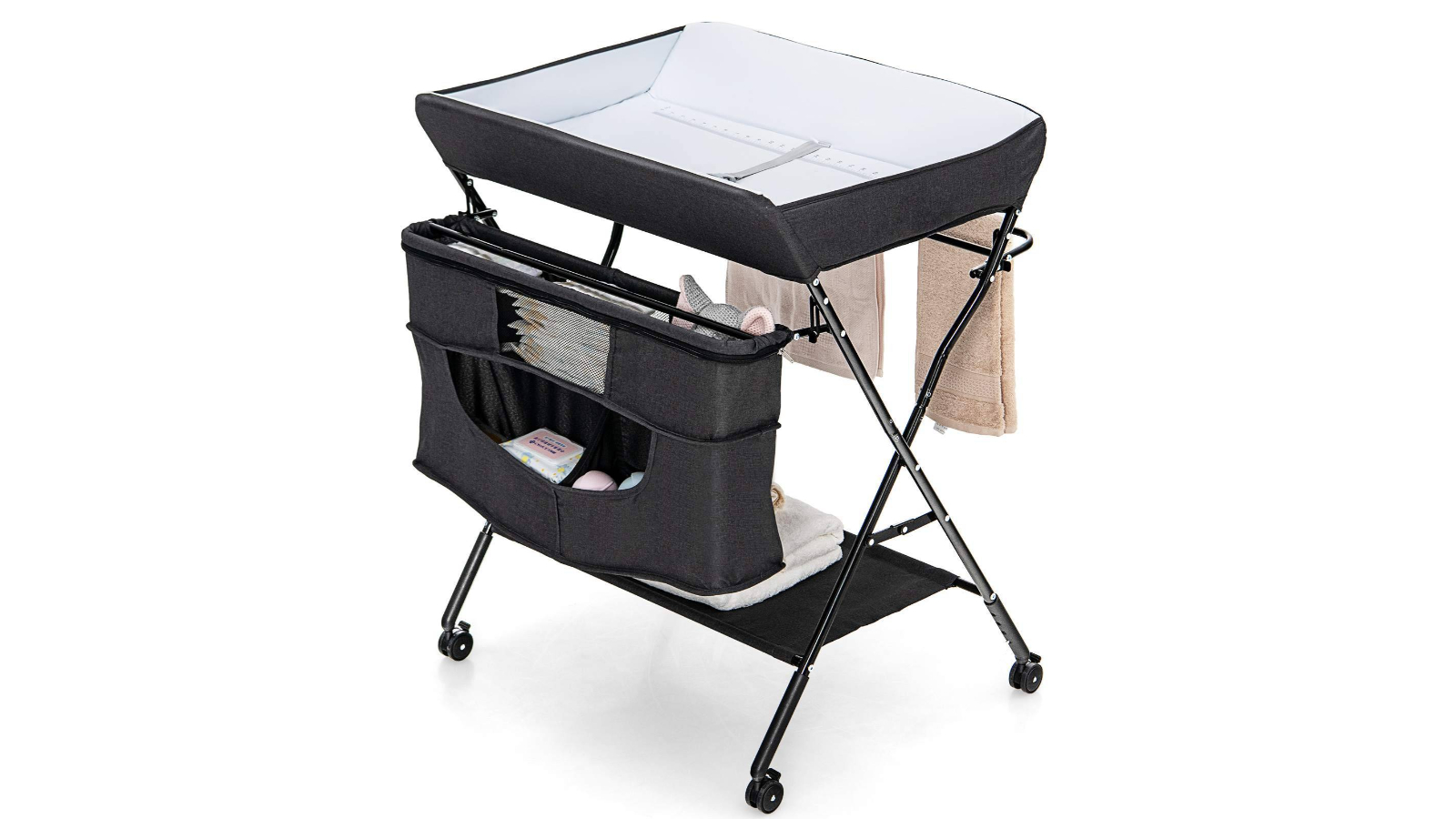 Costway Folding Changing Nursing Desk with Wheels and Storage - Black